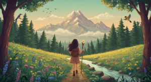 Young girl sets out on an adventure across fields of wildflowers toward a distant mountain.