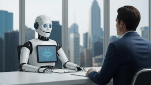 A robot sits behind a desk, interviewing a job applicant. Behind him is a plate glass window with a city skyline, which could be AI-generated.