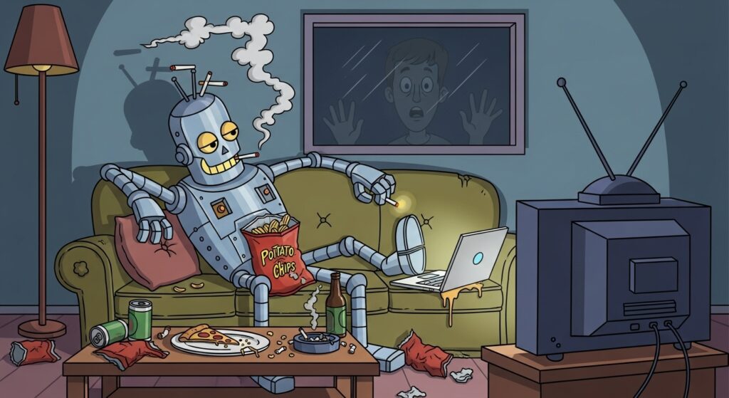 A robot rests comfortably on a couch, watching TV, smoking, and eating junk food, with a laptop in front of him. The homeowner looks on in horror from outside.