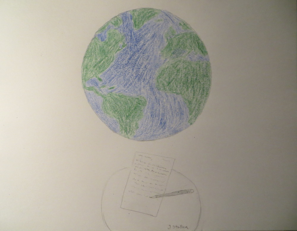 The world, and a letter written below it, with a pencil