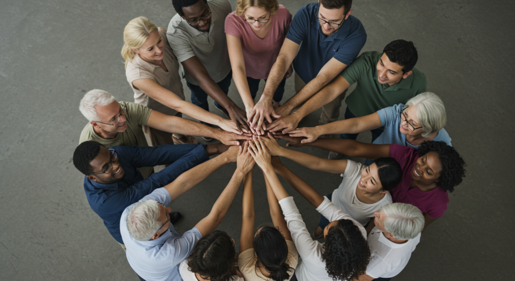 People of all ages and nationalities putting their hands together in the middle of a circle.