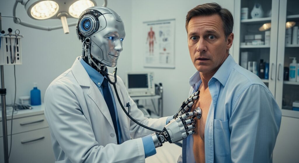 Robotic doctor examining an alarmed patient