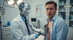 Robotic doctor examining an alarmed patient